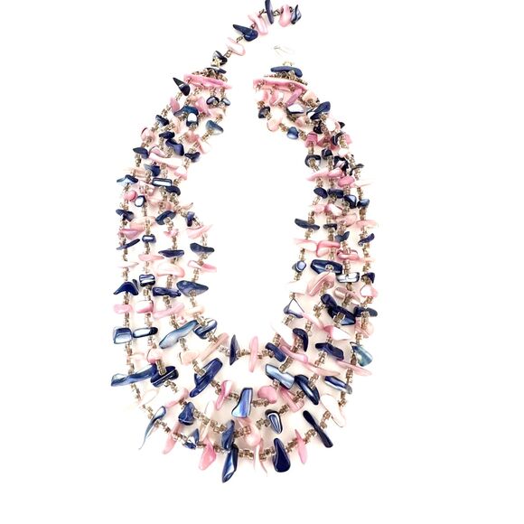 Vintage Blue and Pink Dyed Shell Multi strand Choker Necklace - Picture 1 of 5